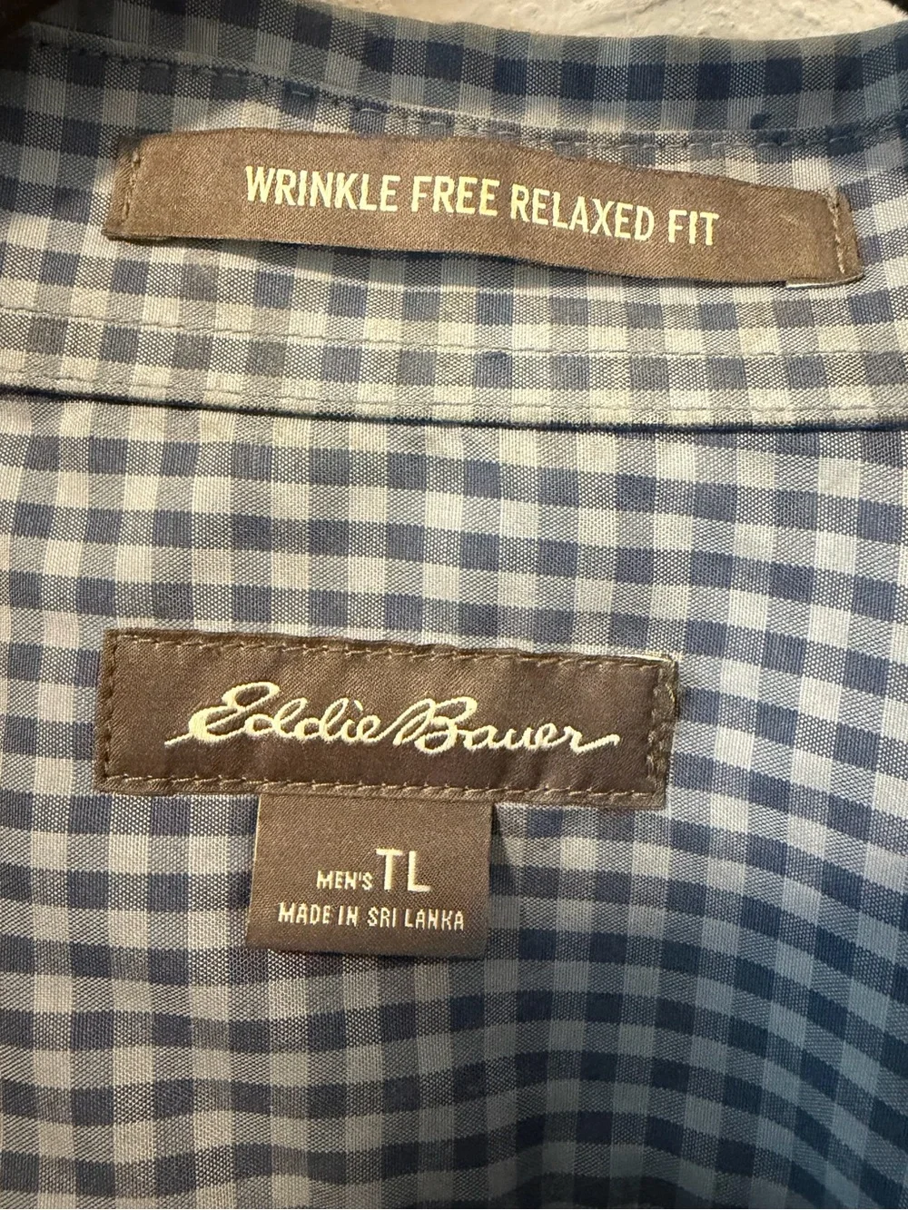 Eddie Bauer Men TL Wrinkle Free Relaxed Fit Long Sleeve Gingham Shirt Blue
